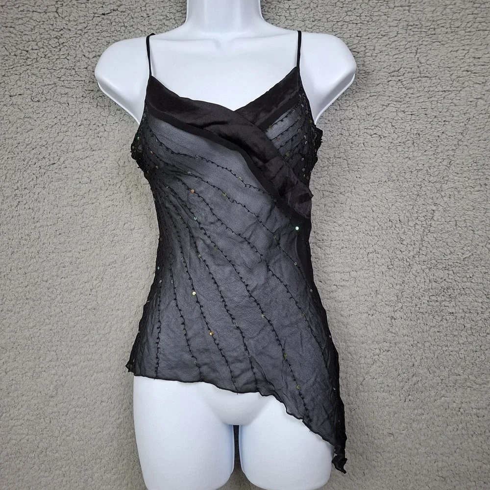 Vintage 90s Y2K S Silk Beads sequin Asymmetrical Ruffle Camisole Fairy